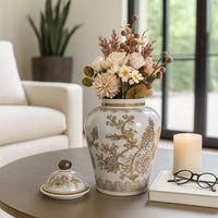 Brown/White Ceramic Chinoiserie Bird Vase, 12 in