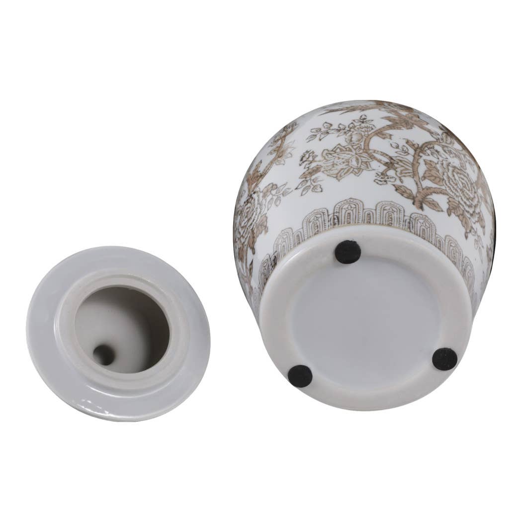 Brown/White Ceramic Chinoiserie Bird Vase, 12 in