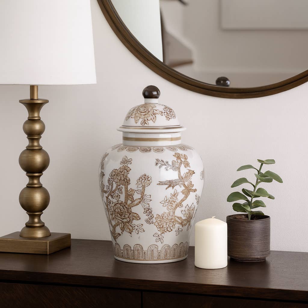 Brown/White Ceramic Chinoiserie Bird Vase, 12 in