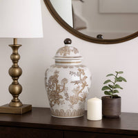 Brown/White Ceramic Chinoiserie Bird Vase, 12 in