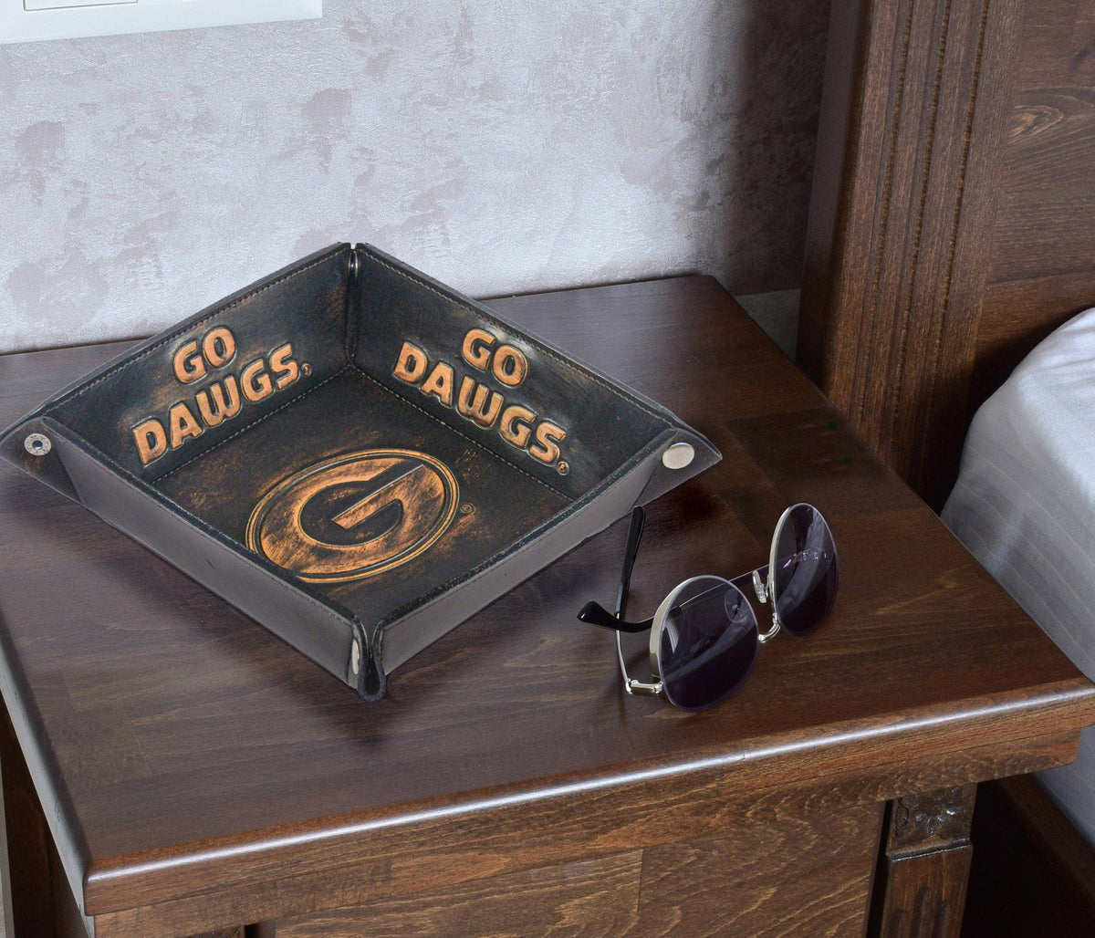 Georgia Bulldogs Men's Collegiate Valet Tray, Catch-all, Desk Organizer, Nightstand Tray. Brown Burnished Full Grain Leather Finish.