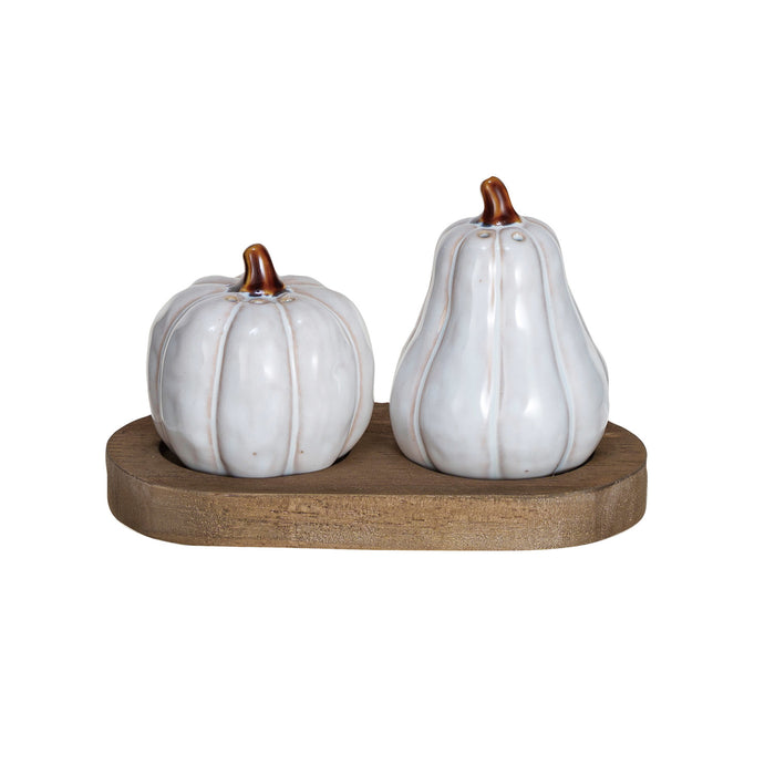 Stoneware Gourd and Pumpkin Salt & Pepper Shakers with Wood Tray