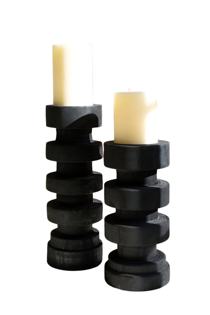 Set of 2 Black Turned Wood Candle Towers