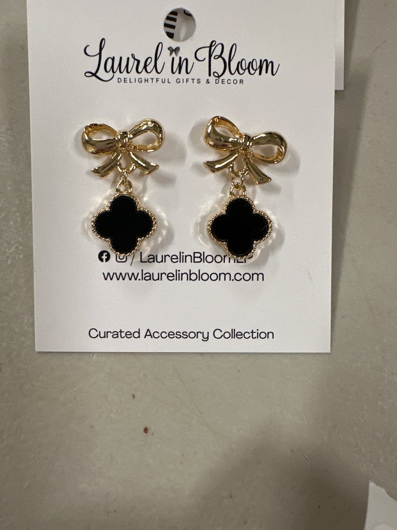 Ribbon & Clover Dangle Earrings - Gold/Black