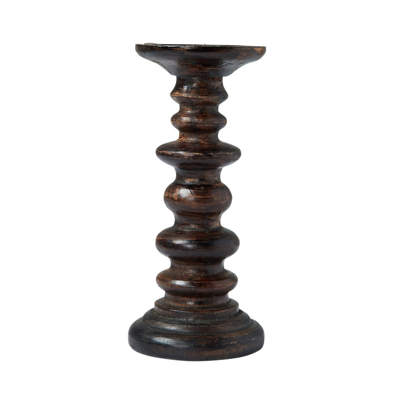 Hand-Carved Mango Wood Pillar Holder, Walnut Finish