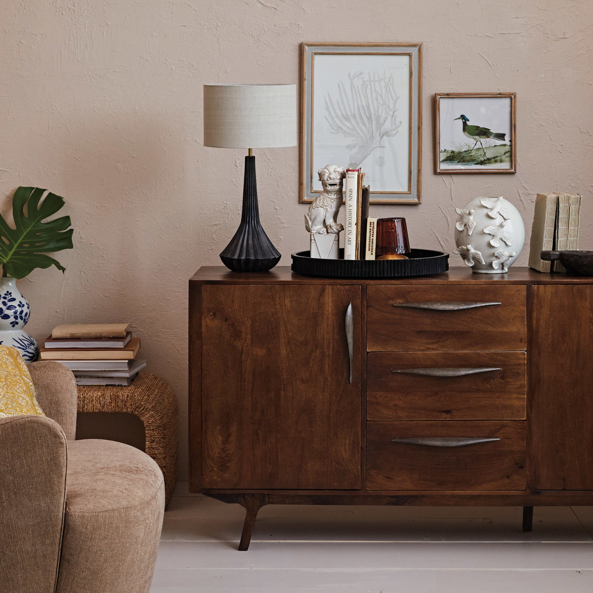 Mango Wood Pleated Table Lamp w/ Linen Shade