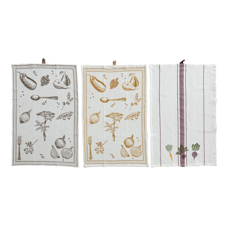 Cotton & Linen Printed Tea Towel w/ Vegetable/Cutlery Pattern