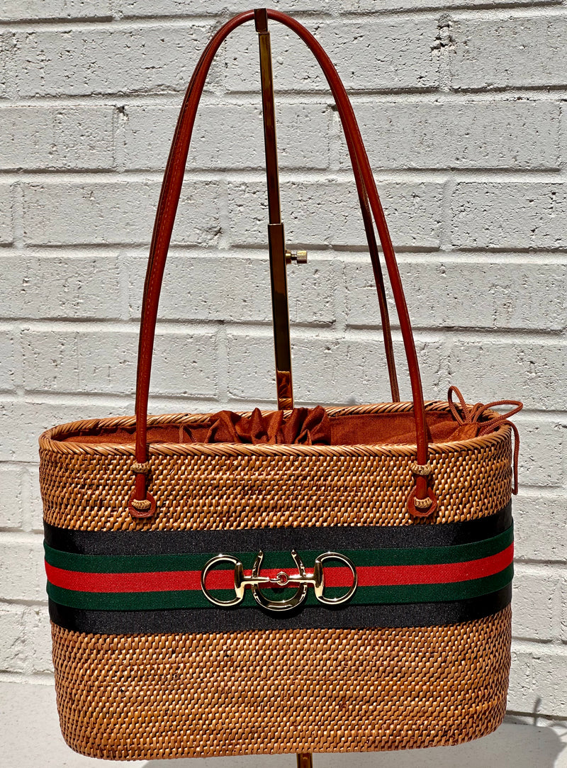 Charlotte Bali Bag - Large - Blk/Green/Red Stripe w/Horseshoe Snaffle