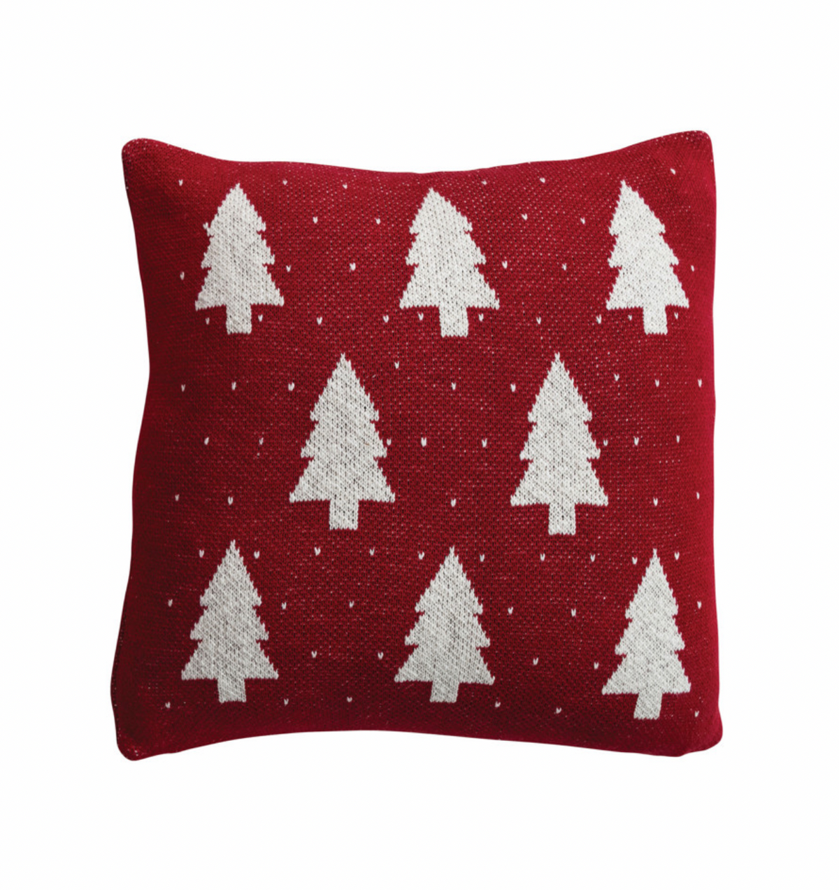 18" Square Cotton Knit Pillow with Tree & Heart Pattern, Red & Natural