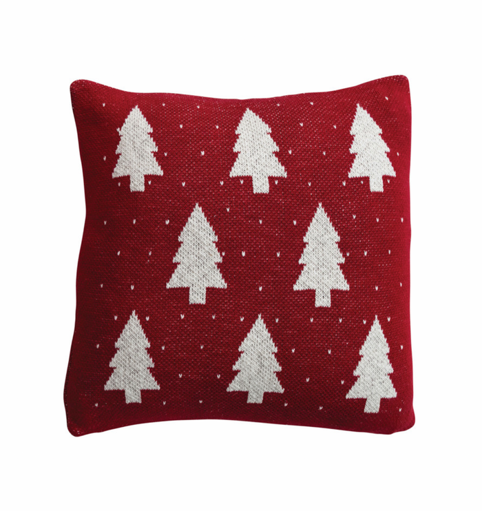 18" Square Cotton Knit Pillow with Tree & Heart Pattern, Red & Natural
