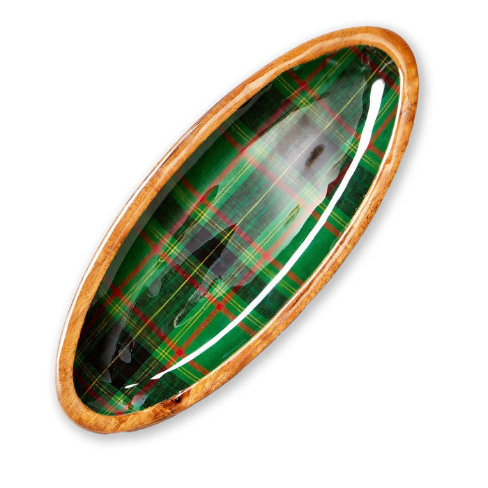 Green Plaid Wood and Enamel Small Platter