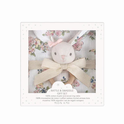 Rattle & Swaddle Gift Set - Parisian Floral Muslin Bunny