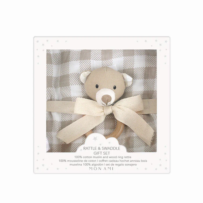 Rattle & Swaddle Gift Set - Gingham Bear