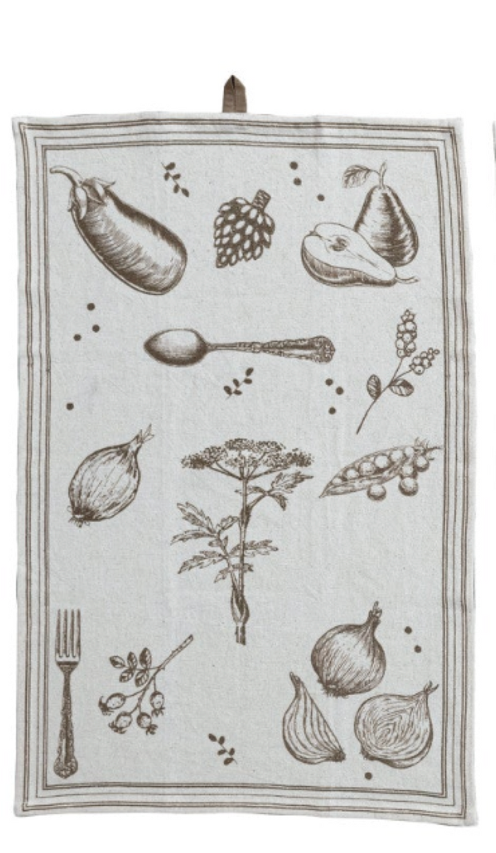 Cotton & Linen Printed Tea Towel w/ Vegetable/Cutlery Pattern