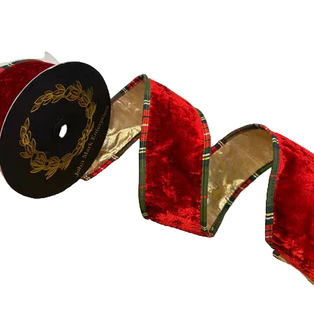 John Mark Ribbon - Red Velvet Metallic w/Plaid Piping-2.5x10yd