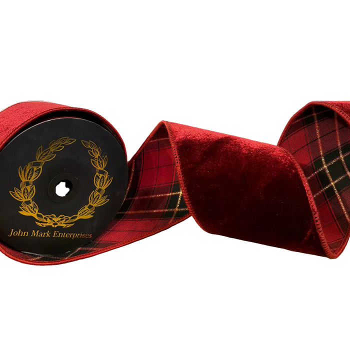 John Mark Ribbon - Burgundy Velvet Plaid Trim DBL Fused-4x10yd