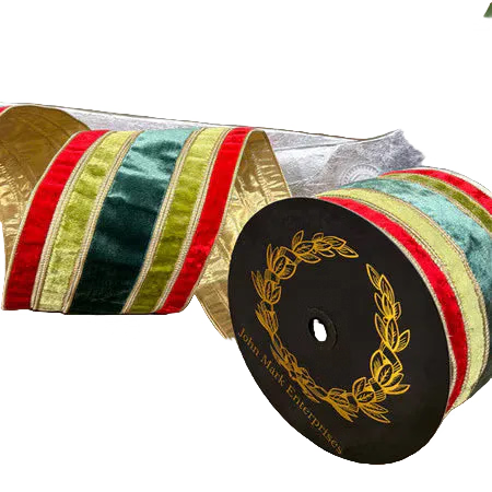 John Mark Ribbon - Red/Apple/Green Velvet Stripe Metallic Dupion DBL Fused-6x10yd