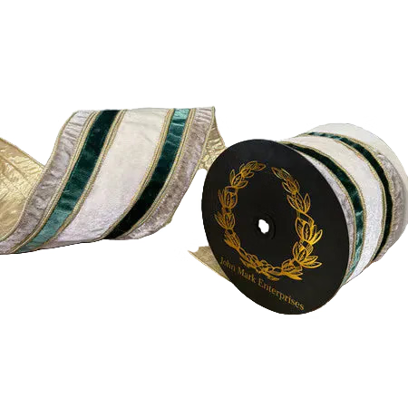 John Mark Ribbon - Grey/Green/White Velvet Stripe Metallic Dupion DBL Fused-6x10yd