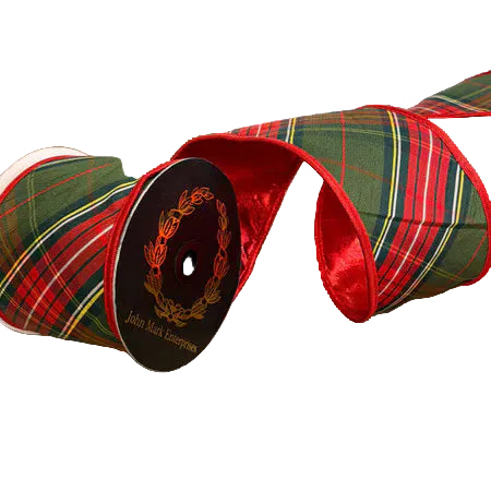 John Mark Ribbon - Traditions Plaid DBL Fused Metallic Red-4x10yd