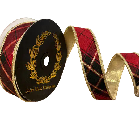 John Mark Ribbon - Burgundy Plaid / Metallic Gold-1x10yd