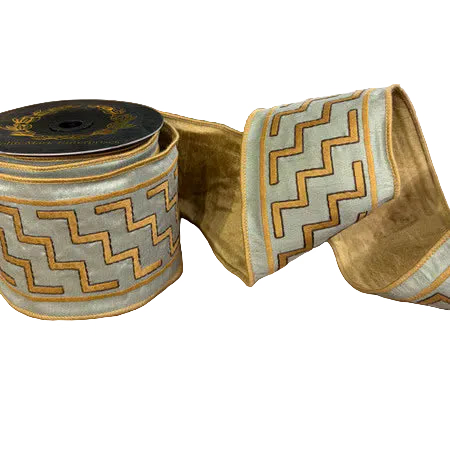 John Mark Ribbon - Embroidered Dupion Fused Sage Green/Khaki-4x10yd