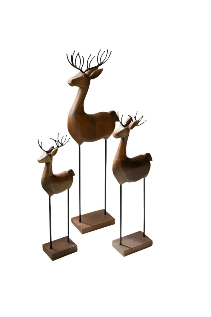 Carved Wood and Iron Reindeer on Bases