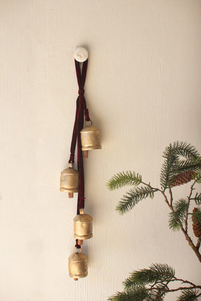 Jingle Bell Cluster on Maroon Velvet Ribbon
