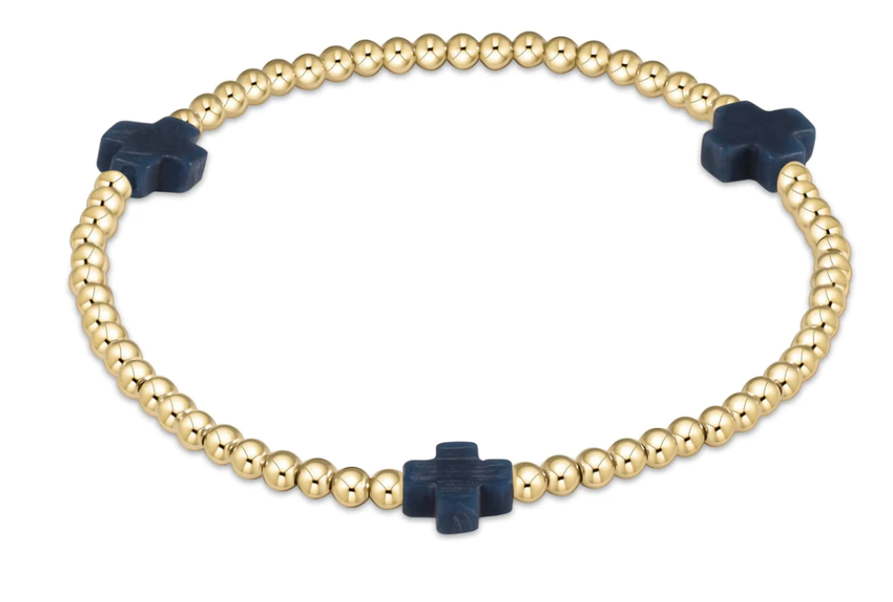 signature cross gold pattern 2mm bead bracelet- navy