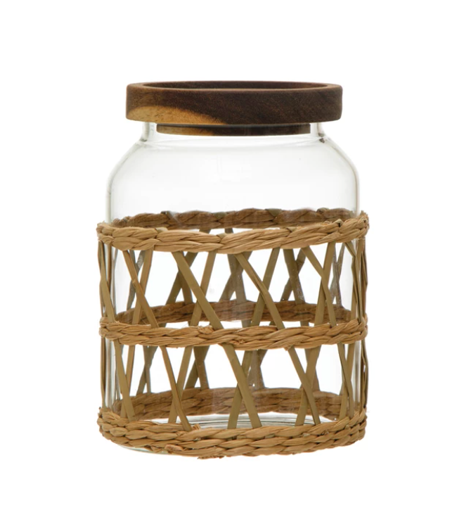 Glass Canister w/Acacia Wood Lid & Woven Sleeve