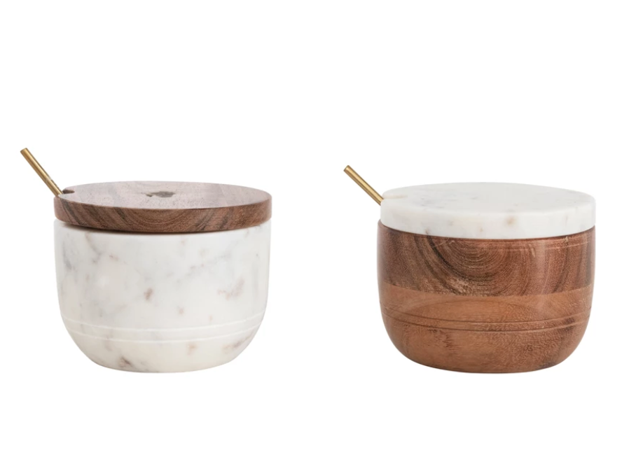 Marble and Acacia Wood Bowl with Lid and Brass Spoon