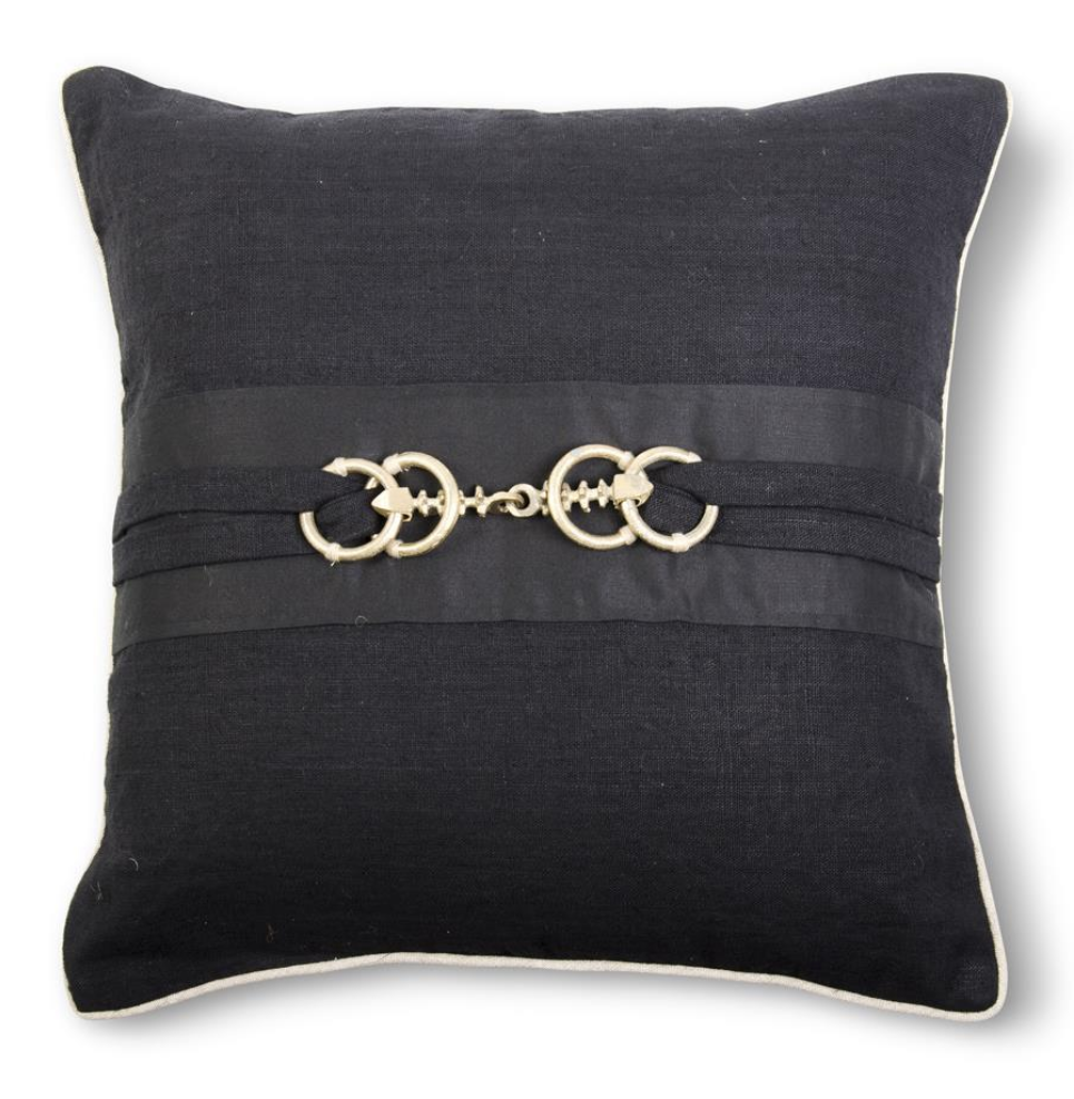 Square Black Linen Pillow w/ Gold Horse Bit Buckle