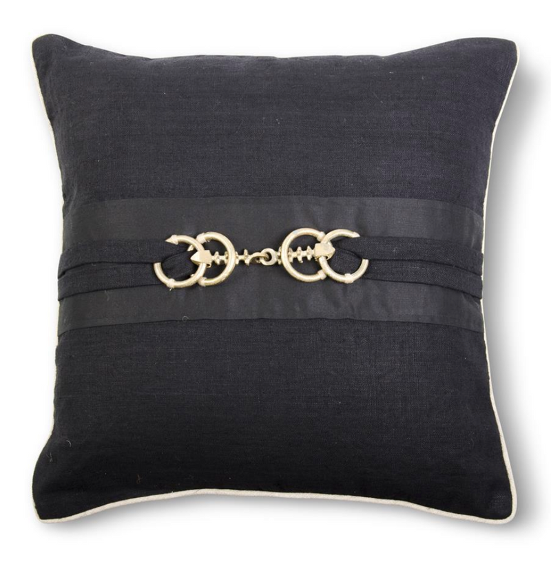 Square Black Linen Pillow w/ Gold Horse Bit Buckle