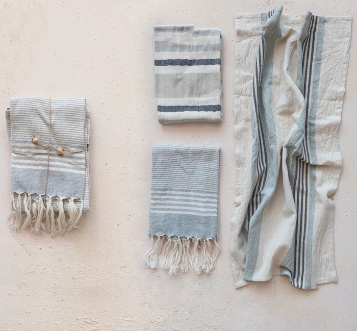 Woven Cotton Tea Towels w/ Stripes, Jute & Wood Bead Tie Set of 3