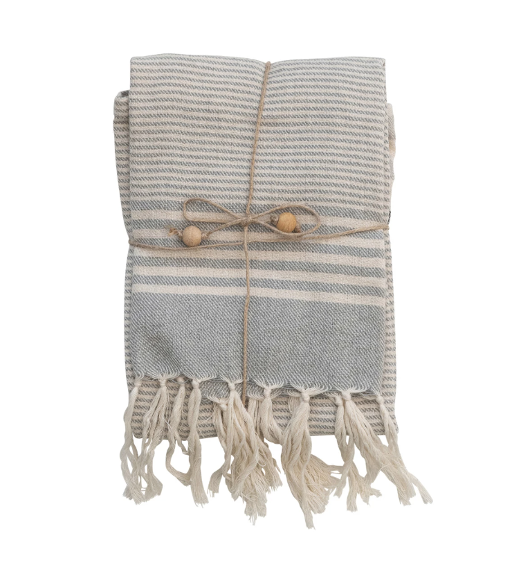Woven Cotton Tea Towels w/ Stripes, Jute & Wood Bead Tie Set of 3