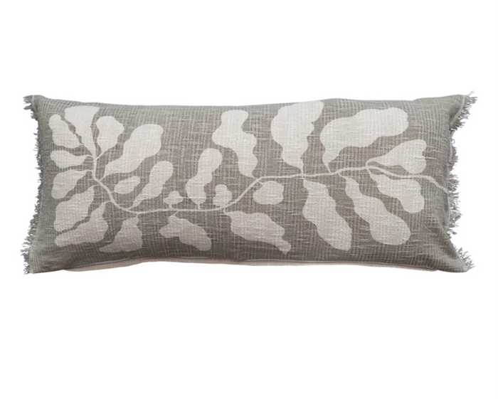 Cotton Lumbar Pillow w/ Botanical Print & Fringe