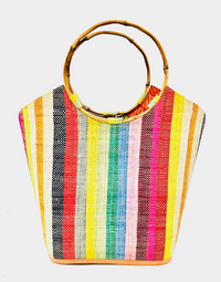 Carmen Solid & Stripes Straw Bucket Bag with Bamboo Handles