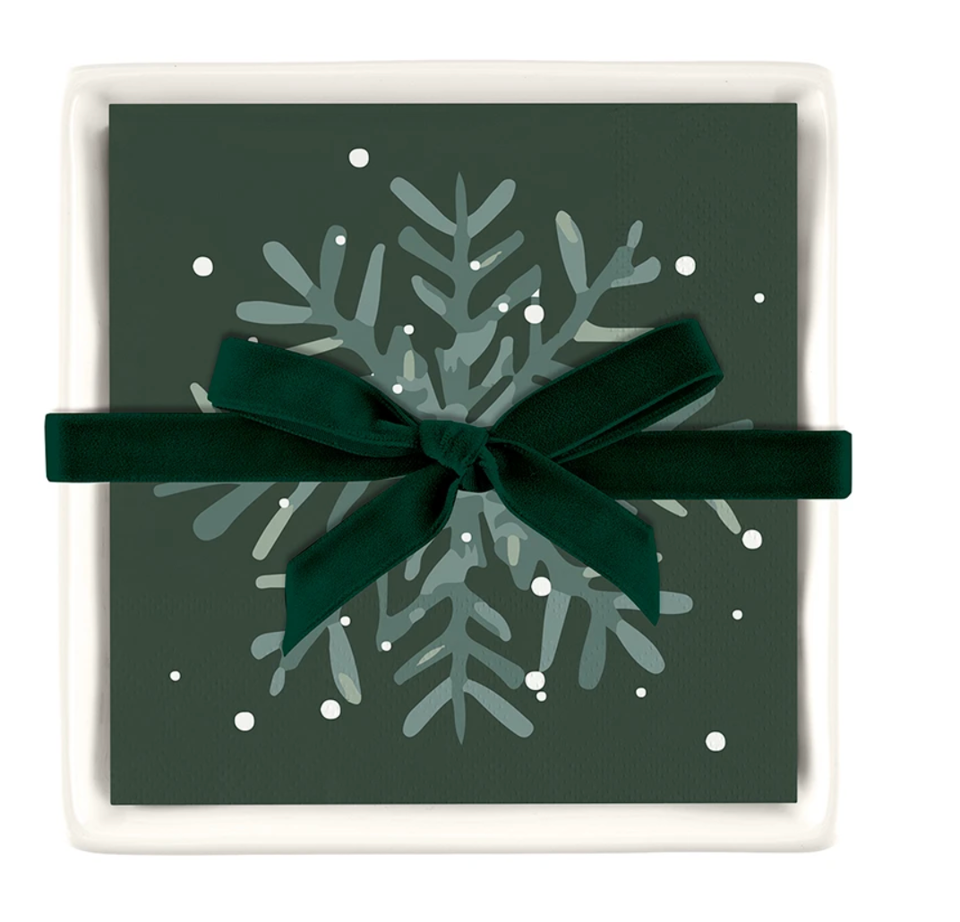 Ceramic Cocktail Napkin Tray - Green Snowflake