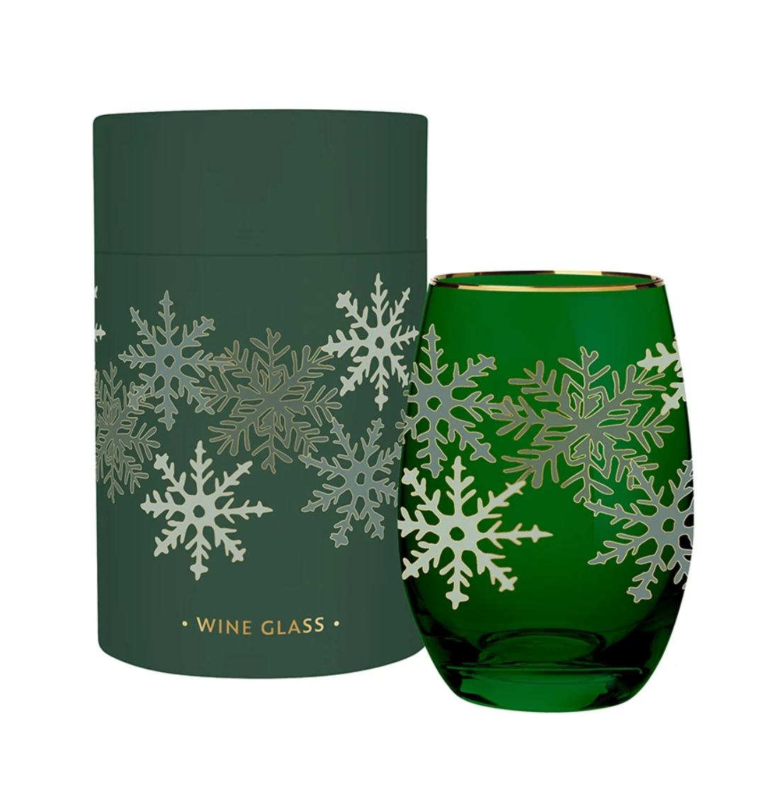 Stemless Wine Glass - Green Snowflake