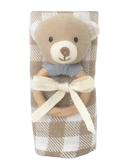 Rattle & Swaddle Gift Set - Gingham Bear
