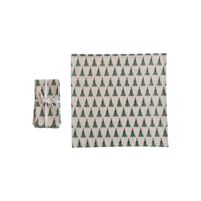 Stonewashed Cotton Printed Napkins with Christmas Trees