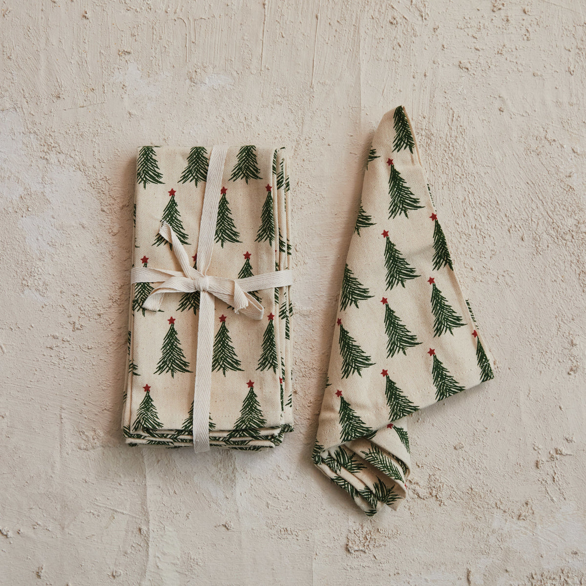 Stonewashed Cotton Printed Napkins with Christmas Trees