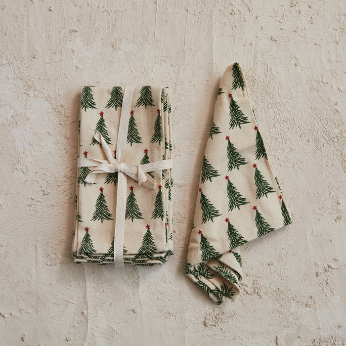 Stonewashed Cotton Printed Napkins with Christmas Trees