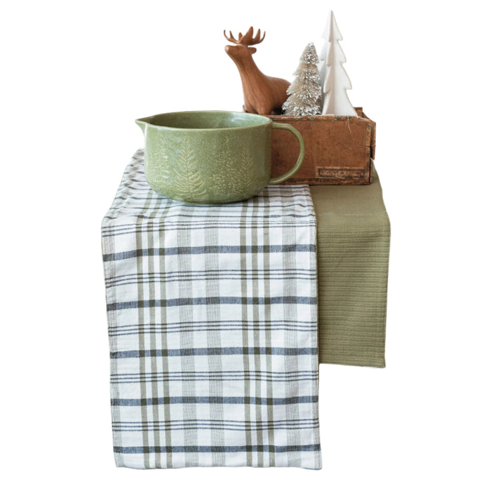 Two-Sided Stonewashed Cotton Table Runner - White/Green Plaid