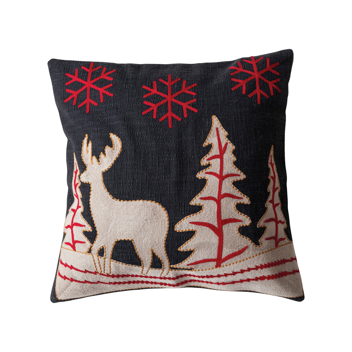 Woven Cotton Slub Printed Pillow with Embroidery