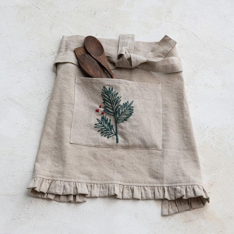 Woven Cotton & Linen Half Apron with French Knots