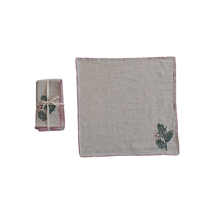 Cotton & Linen Napkins with Hand-Embroidered Holly