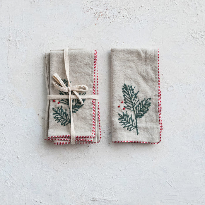 Cotton & Linen Napkins with Hand-Embroidered Holly