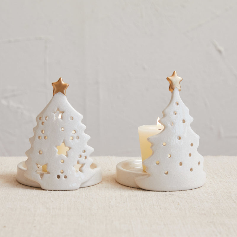 Stoneware Christmas Tree Shaped Candle Holder with Gold Electroplating