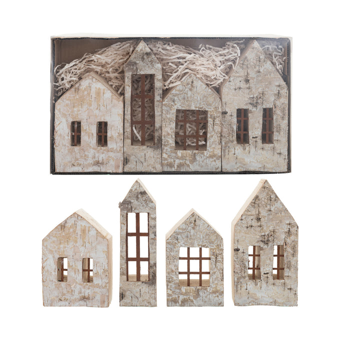 Birch Bark Houses with Windows, Natural - Set of 4