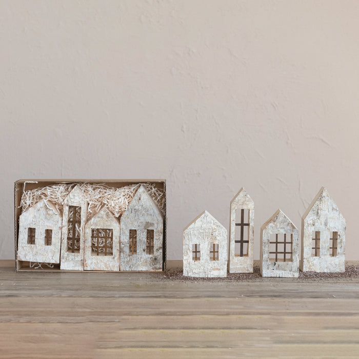 Birch Bark Houses with Windows, Natural - Set of 4